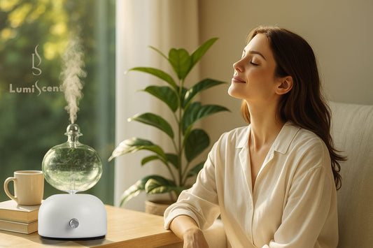 Woman relaxing with LumiScent Nebulizing Diffuser in cozy living room.